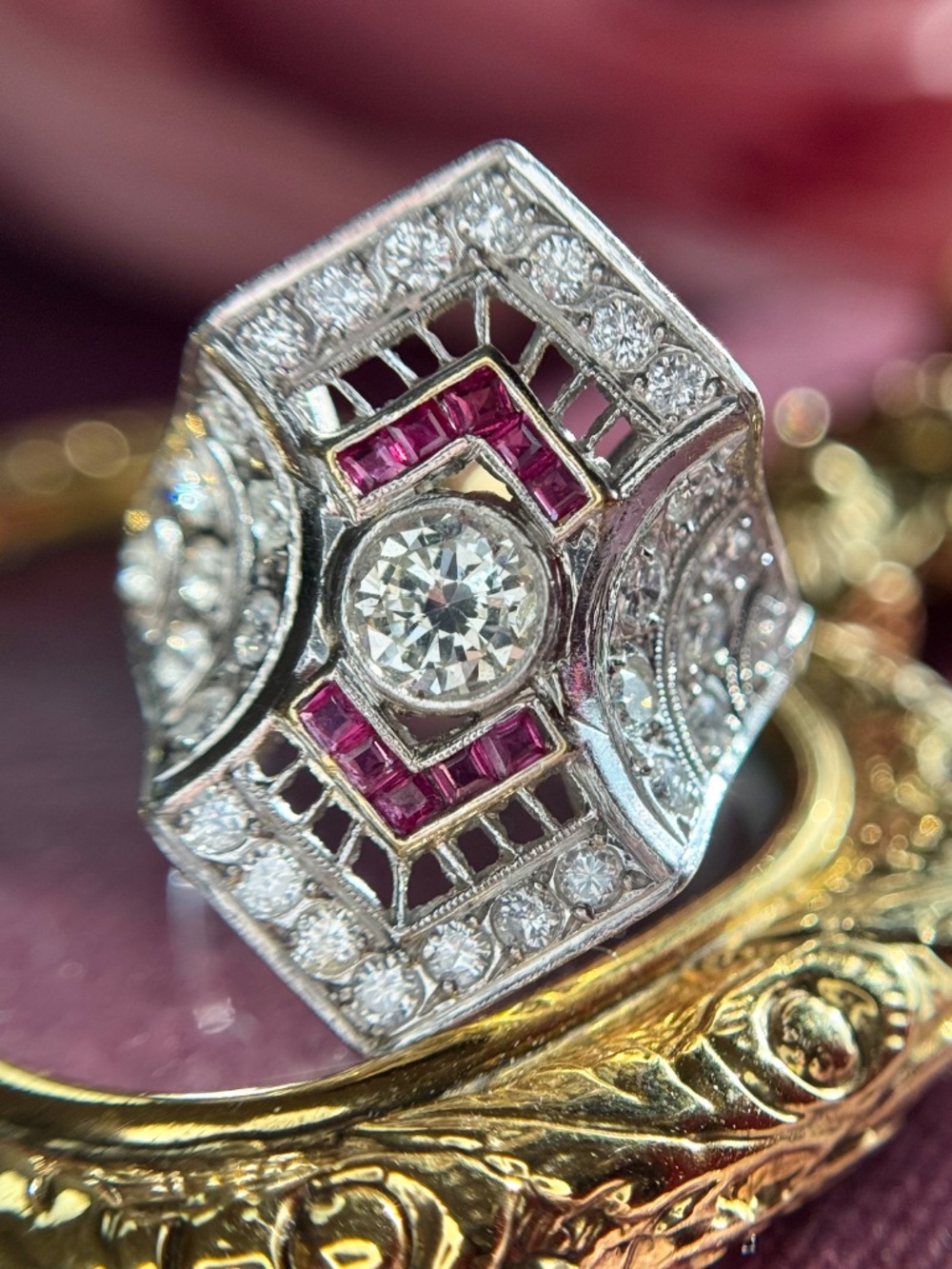 Art Deco Old European Cut Diamond and Ruby Ring in Platinum 1.77 ctw